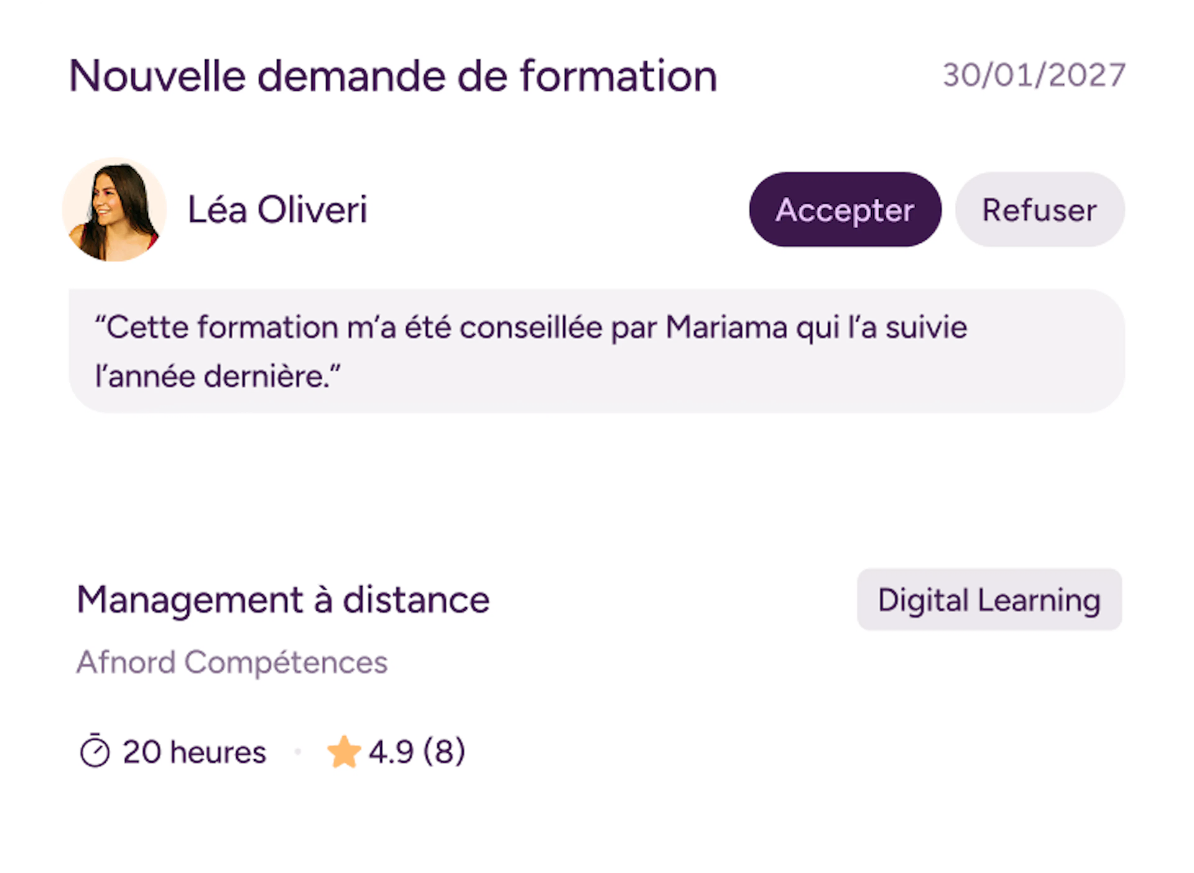 Interface Skillup : demande de formation d'un collaborateur