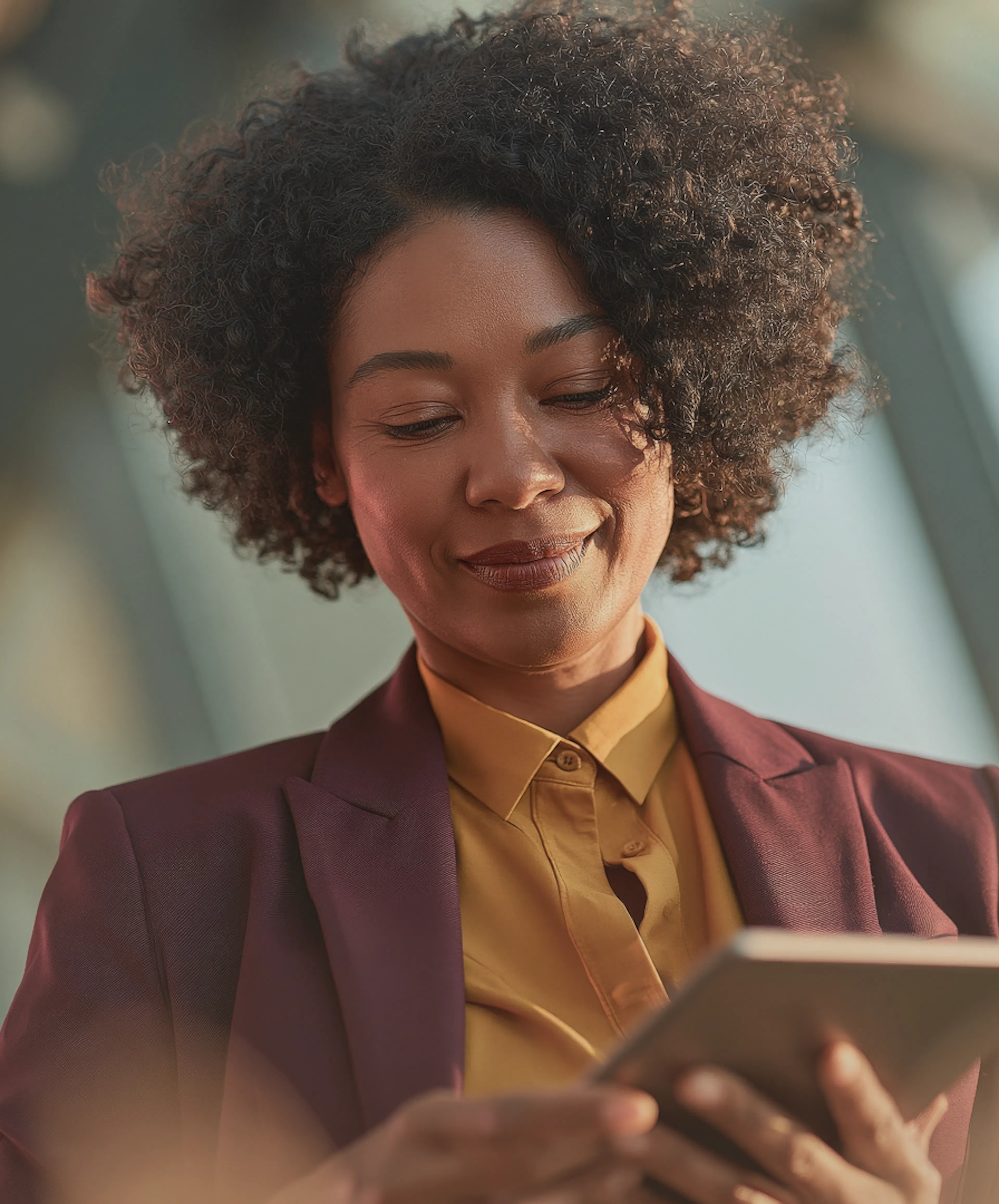 Collaboratrice souriante qui consulte son téléphone