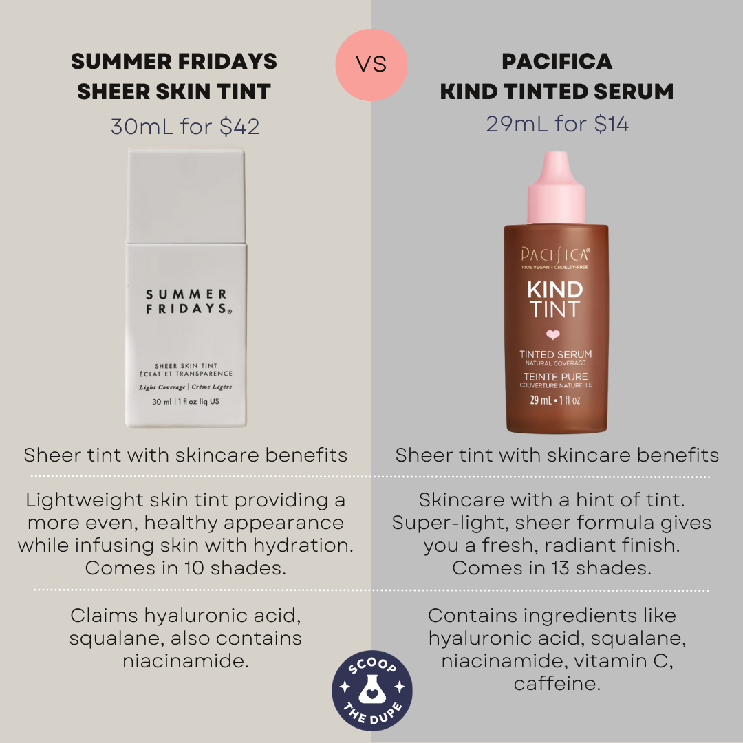 Comparison between Summer Fridays Sheer Skin Tint vs Pacifica Kind Tint Tinted Serum