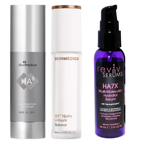 Reviv HA7X Multi-Molecular Hydrator Serum bottle next to SkinMedica HA5 Rejuvenating Hydrator bottle for ingredient comparison