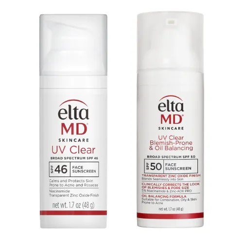 EltaMD UV Clear Broad Spectrum SPF 46 bottle next to the new UV Clear Blemish-Prone and Oil Balancing SPF 50 bottle for formula comparison