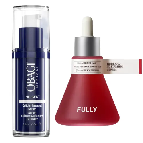 Obagi NU-GEN Cellular Renewal Serum bottle next to FULLY NMN NAD 3D Firming Serum for ingredient comparison
