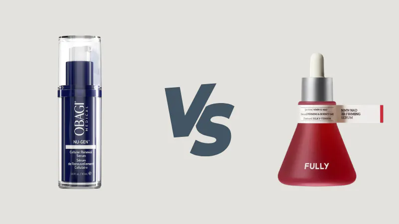 Obagi NU-GEN Cellular Renewal Serum next to FULLY NMN NAD 3D Firming Serum, a Korean NAD+ comparable at a fraction of the price