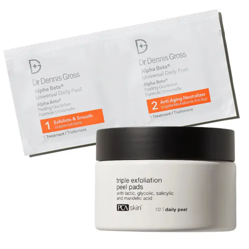 PCA SKIN Triple Exfoliation Peel Pads compared to Dr. Dennis Gross Alpha Beta Universal Daily Peel pads ingredient comparison