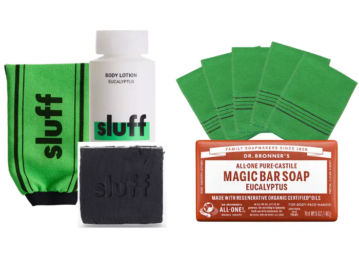 sluff it kit versus DIY Korean body scrub mitt setup with Dr. Bronner's bar soap and exfoliating mitt