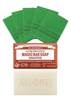 DIY seshin body scrub kit with castile bar soap, exfoliating mitt