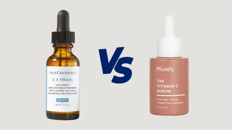 Musely Vitamin C Serum next to SkinCeuticals C E Ferulic vitamin C serum bottles.