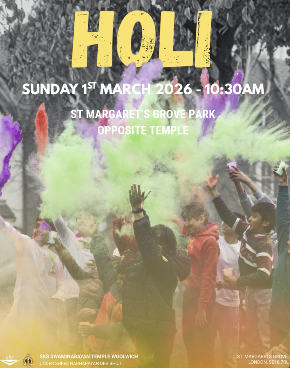 Holi 2026 poster - Woolwich temple