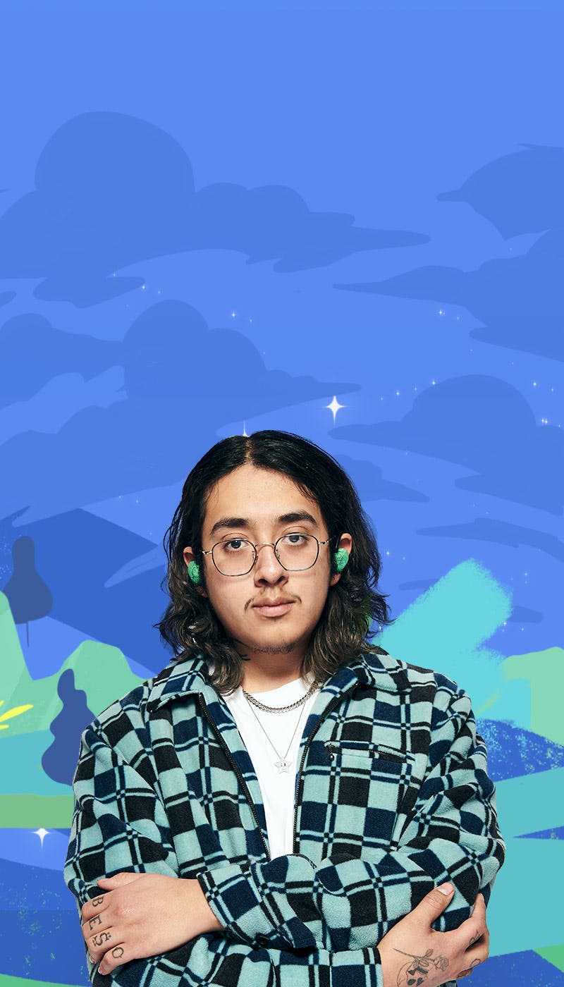 Skullcandy Mood Boost - Singer/Songwriter, Cuco, wearing limited-edition Hopeful Push™ Ultra True Wireless Earbuds