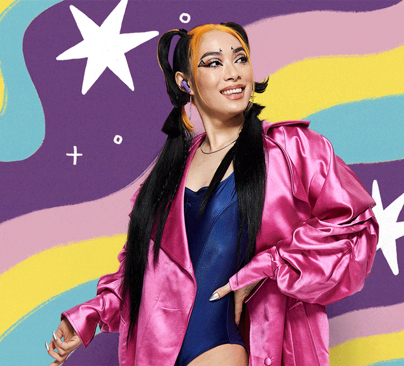 Rina Sawayama wearing Limited Edition Indy Evo True Wireless Earbuds, feeling Lucky with Skullcandy Mood Boost