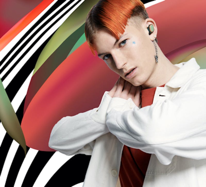 Gus Dapperton wearing Limited Edition Sesh True Wireless Earbuds, feeling Blissful with Skullcandy Mood Boost