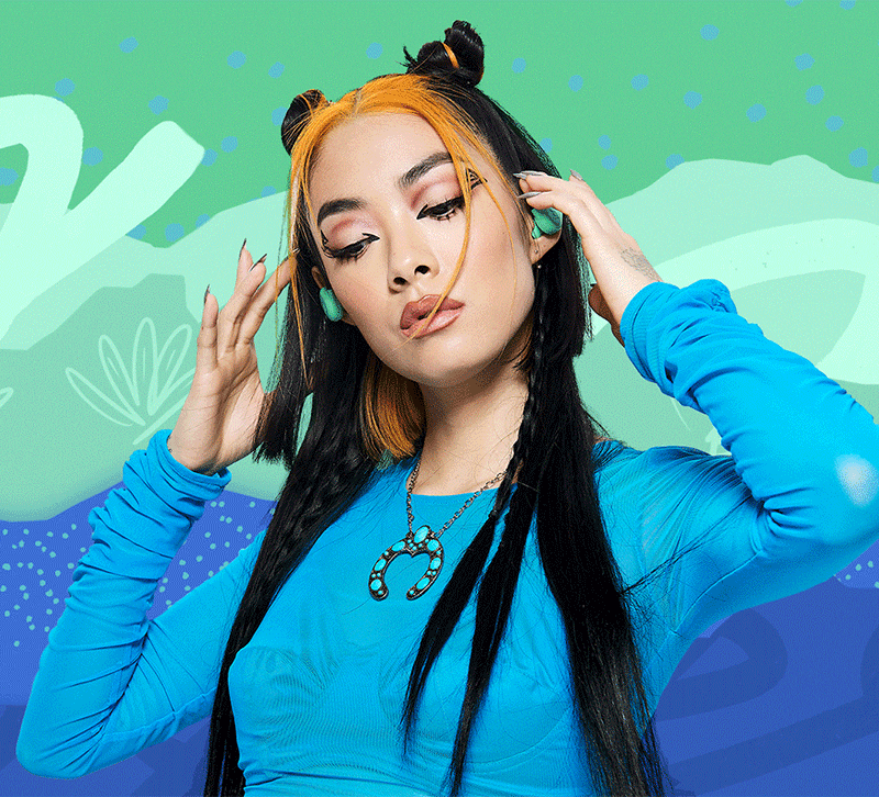 Rina Sawayama wearing Limited Edition Push™ Ultra True Wireless Earbuds, feeling Hopeful with Skullcandy Mood Boos
