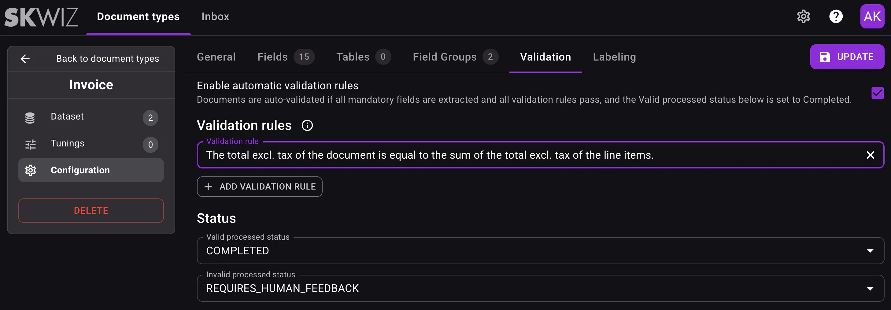Validation rules config