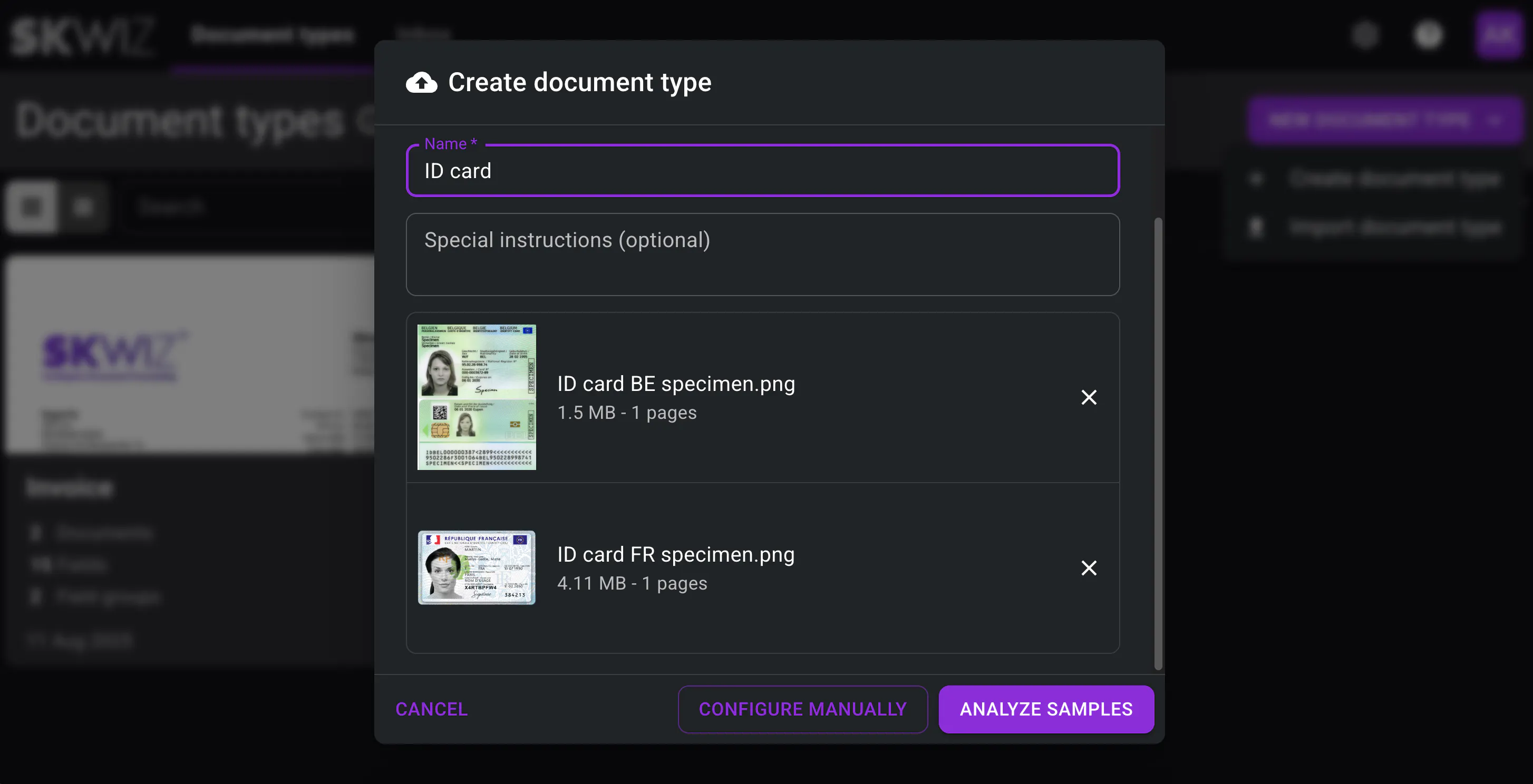 Create document type from samples - Upload