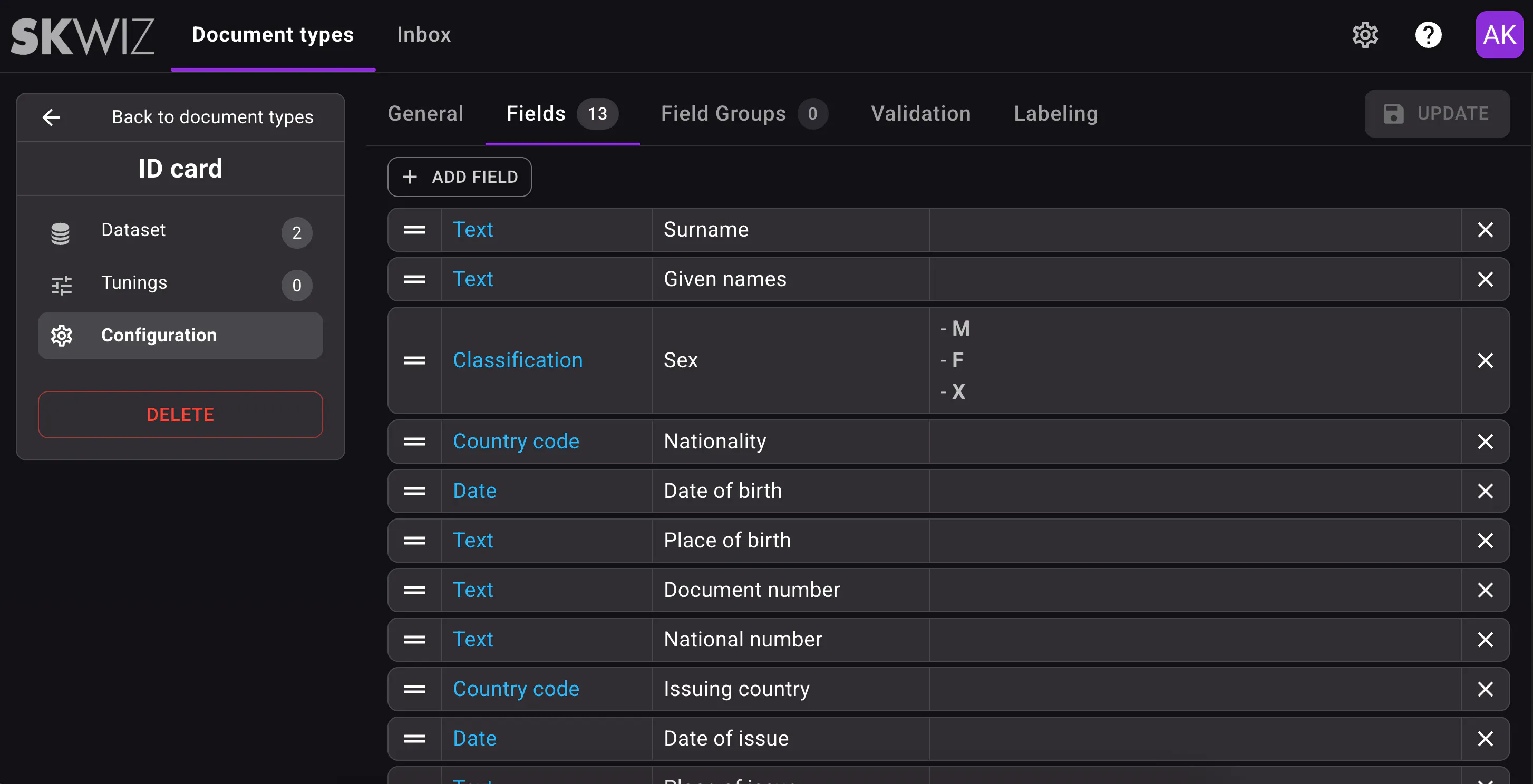 Fields configuration