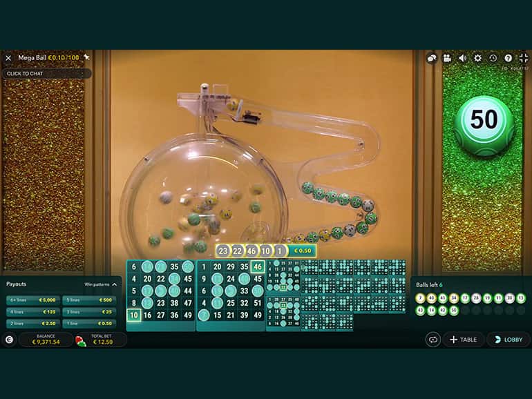 Interfaccia del gioco Mega Ball Sisal