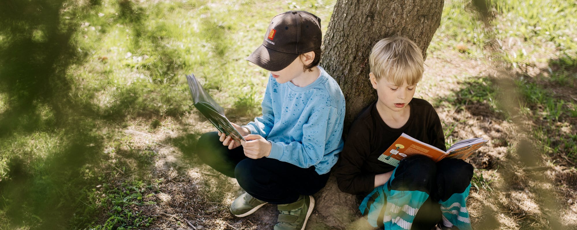 Alakoulun oppilaat lukevat puun alla kirjaa