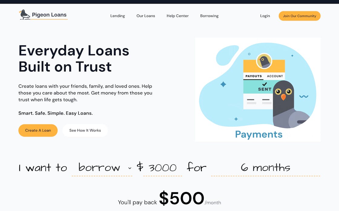 Screenshot of Pigeon Loans homepage hero