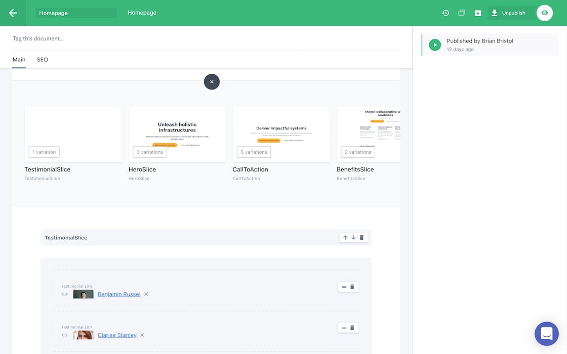 Screenshot of Pigeon Loans pagebuilder in Prismic