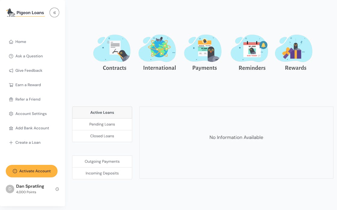 Screenshot of the Pigeon Loans application dashboard