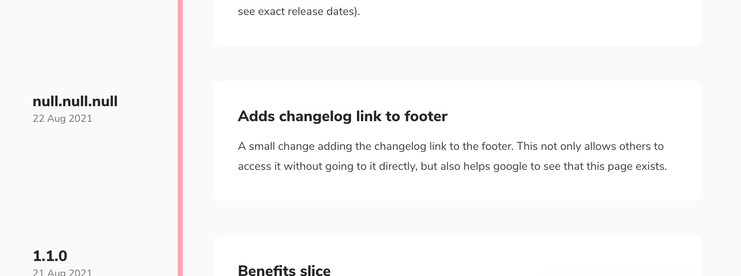 Shows issue where changelog is displayed without version numbers which shows as "null.null.null"