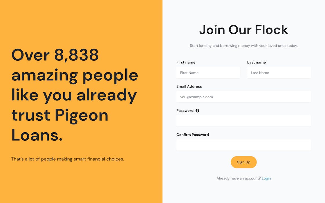 Screenshot of the Pigeon Loans Signup page