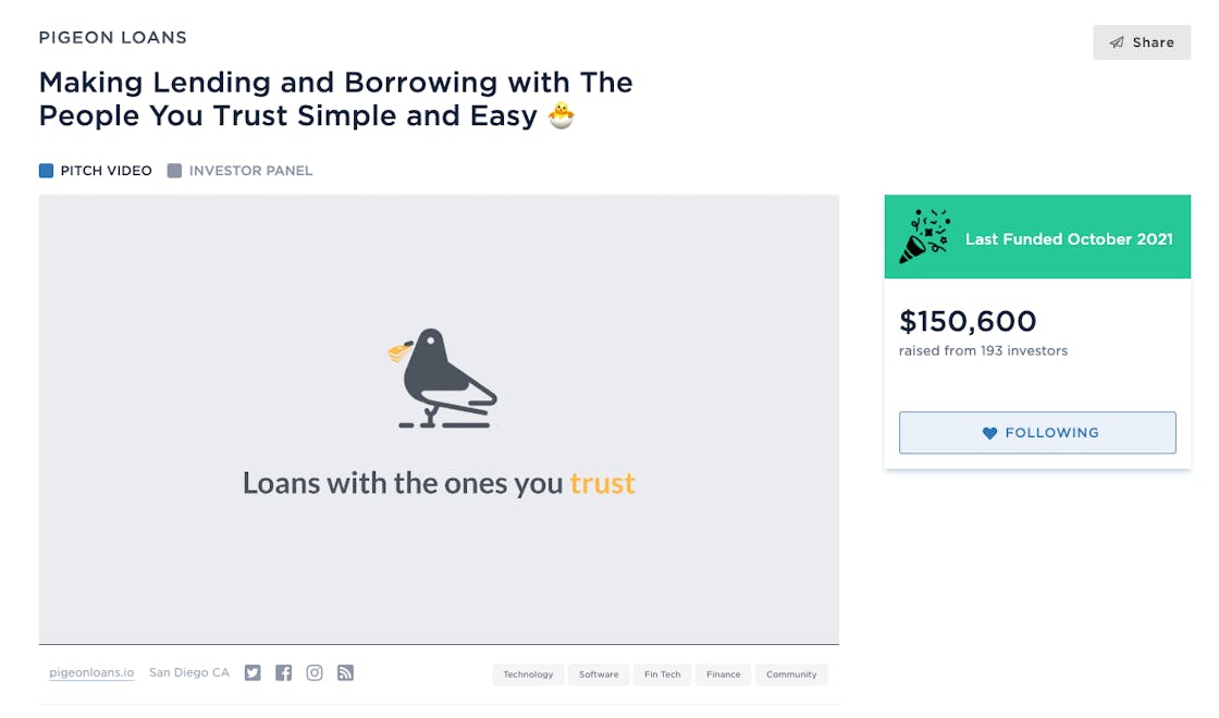 Pigeon Loans on wefunder, showing their investment video and $150,600 secured investment through their last crowdfunding round