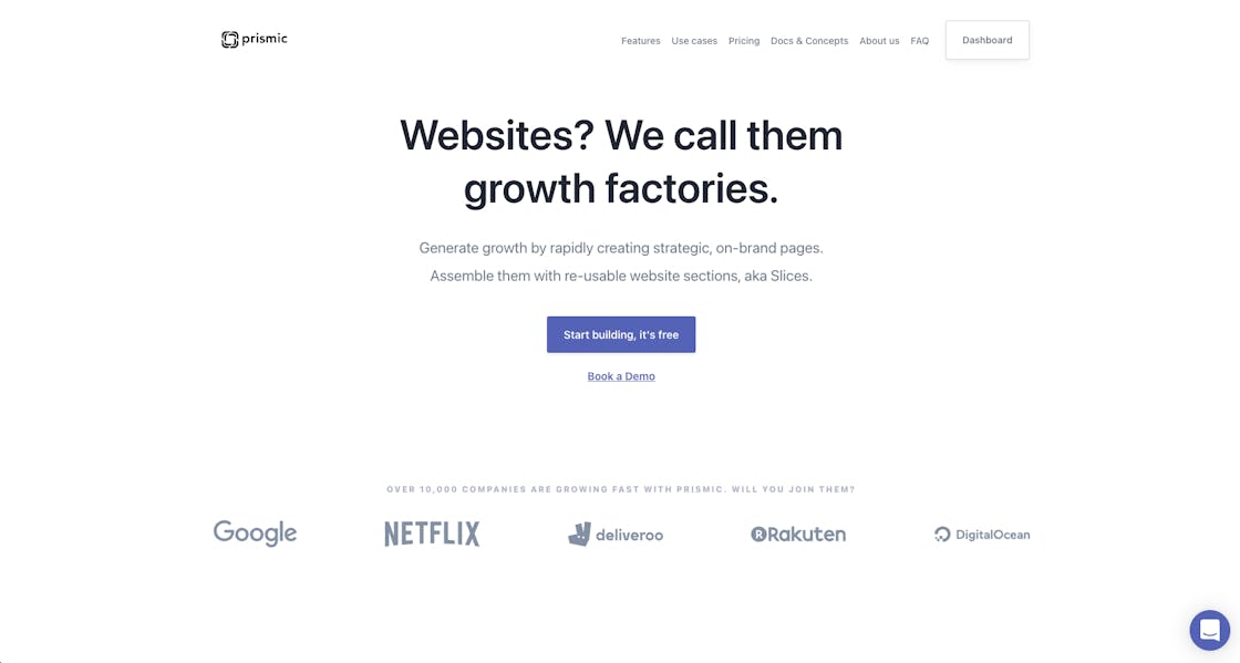 Screenshot of Prismic's website homepage.