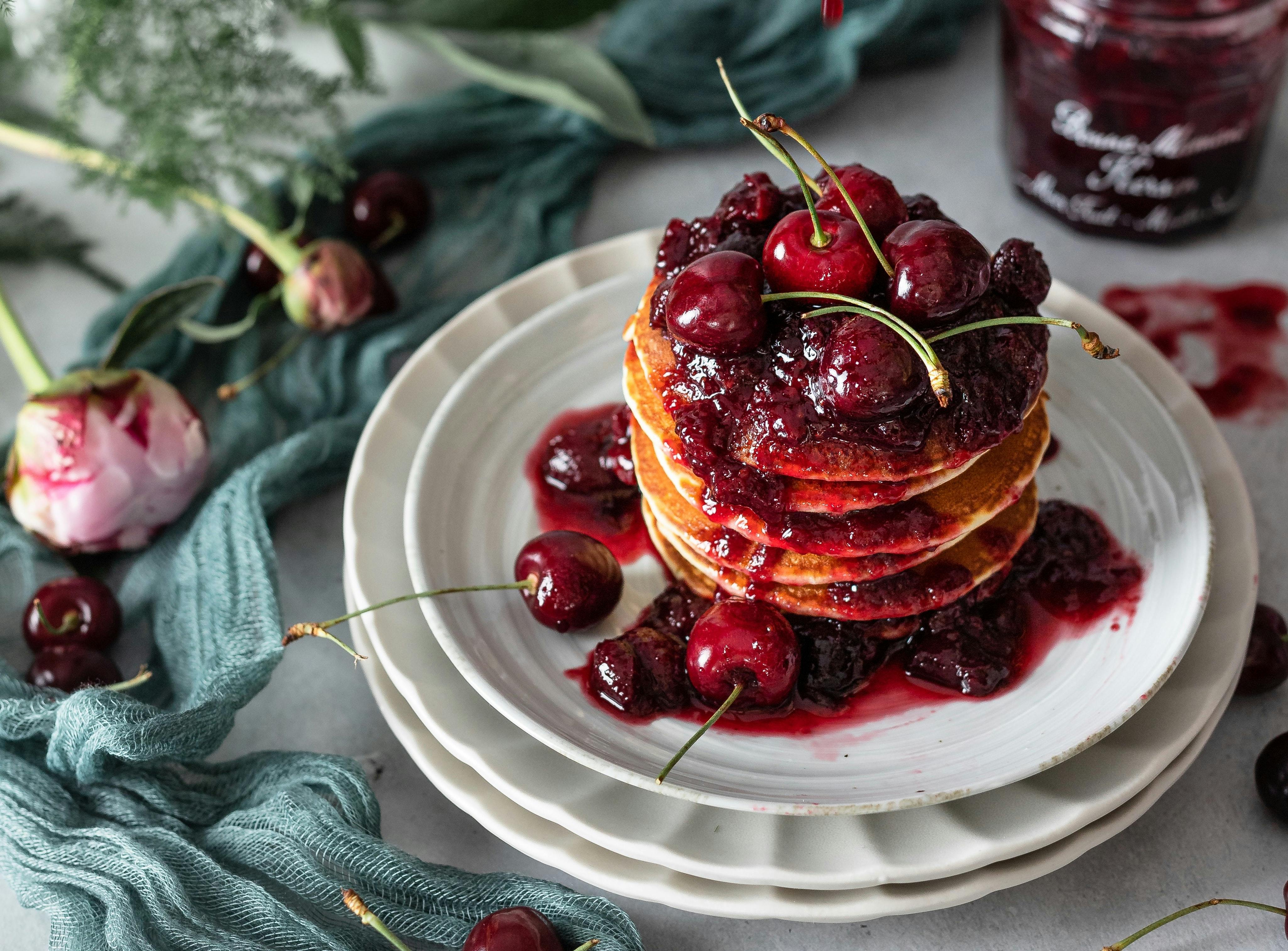 A stack of pancakes & jam