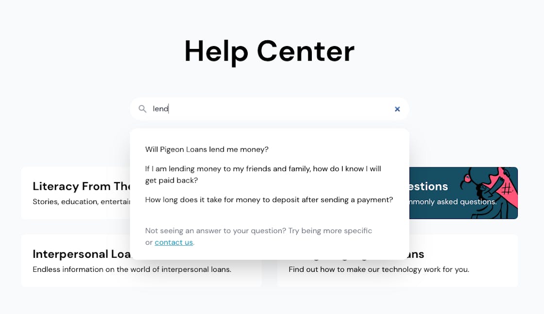 Pigeon Loans help center with instant search using Algolia