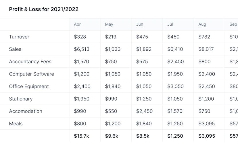 profit and loss table