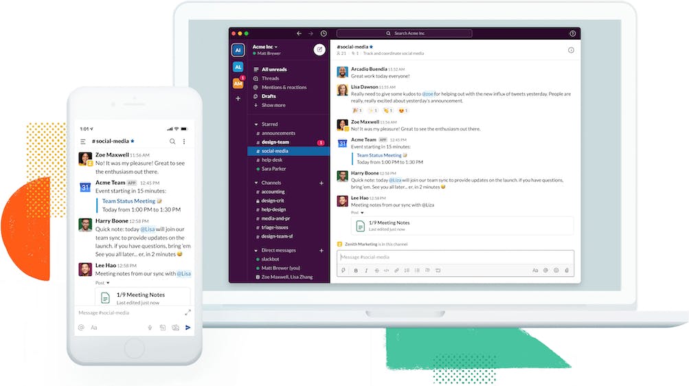 Slack workspaces are available on your laptop and phone