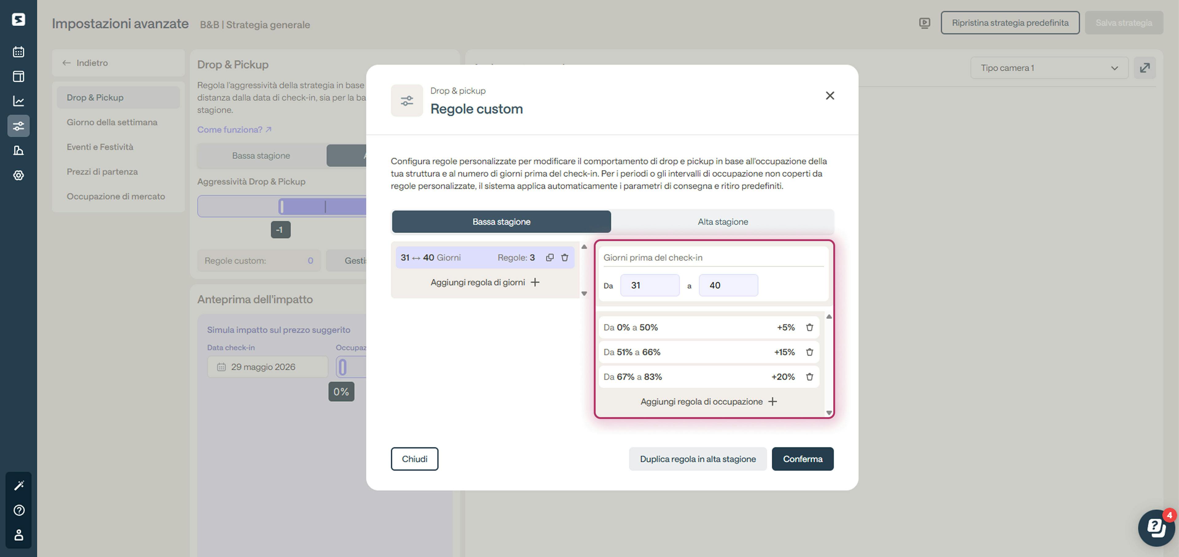 Regole custom Smartpricing per stabilire in modo personalizzato le regole di incremento e decremento dei prezzi. 