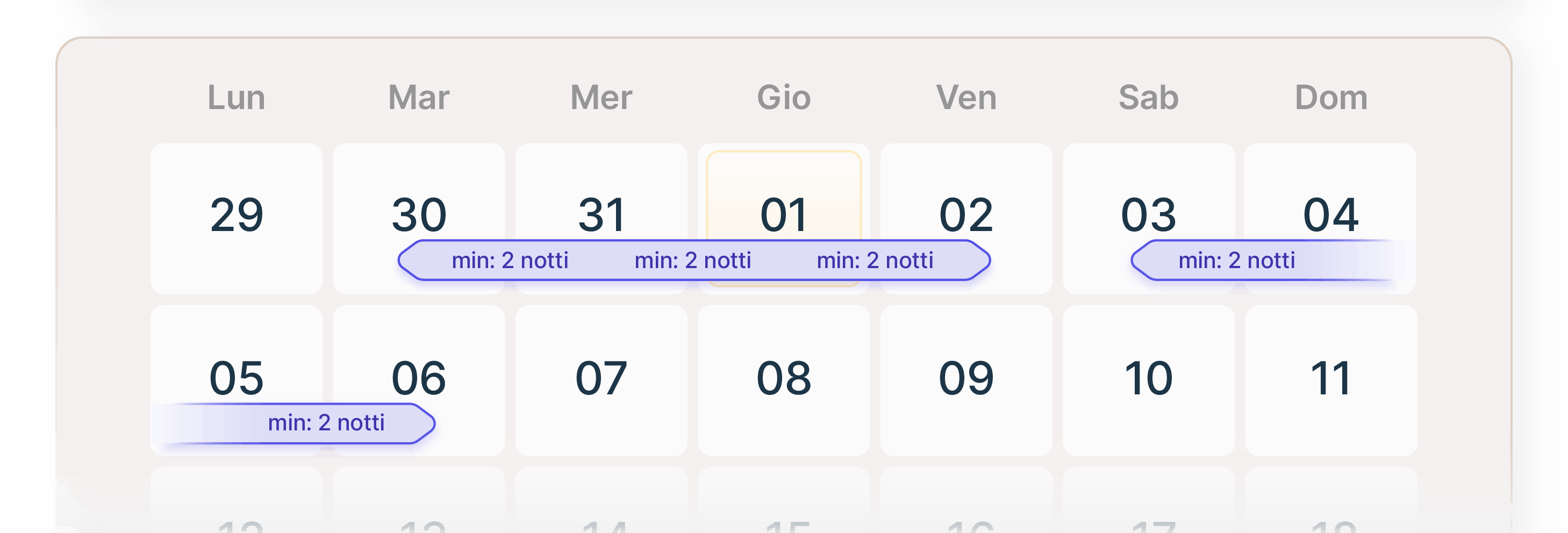 Esempio di notte orfana nel calendario prenotazioni di un hotel