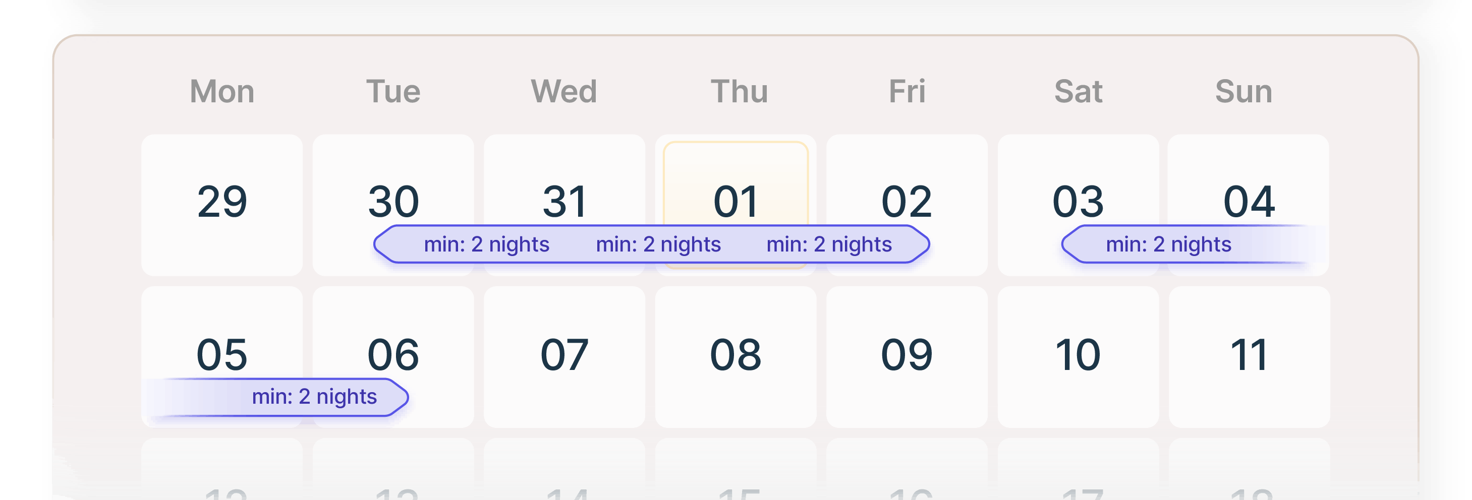 Example of a gap night in a hotel's booking calendar