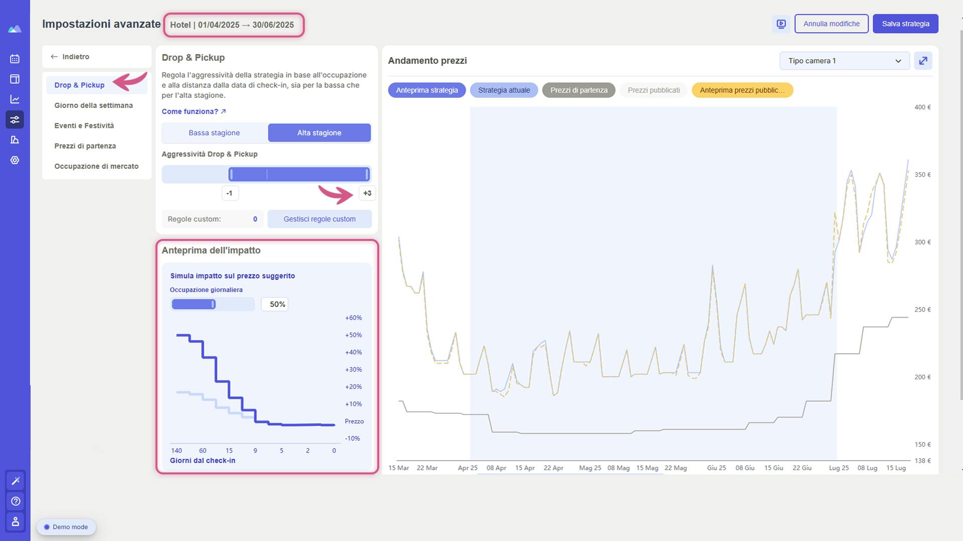 Come regolare la strategia di prezzi di una struttura ricettiva in base a Drop e Pickup con Smartpricing