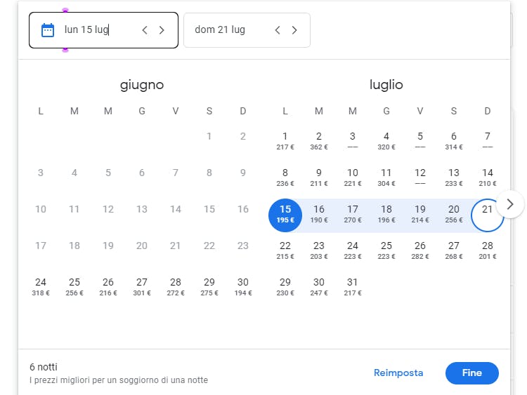 Calendario Prezzi Google Travel
