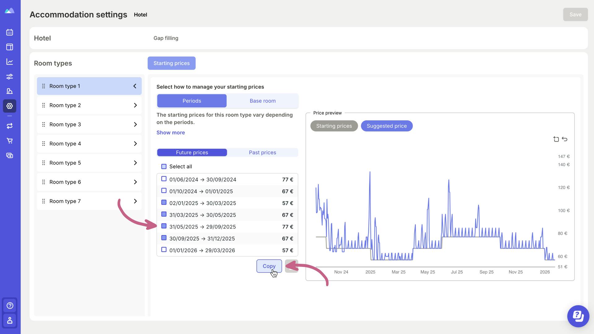 Selection of multiple periods in the Smartpricing Dashboard