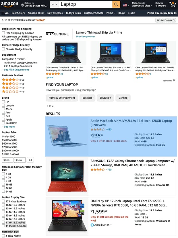 Amazon product search results