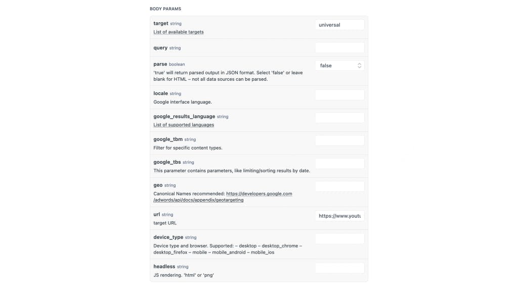 Scrape YouTube with Web Scraping API step two