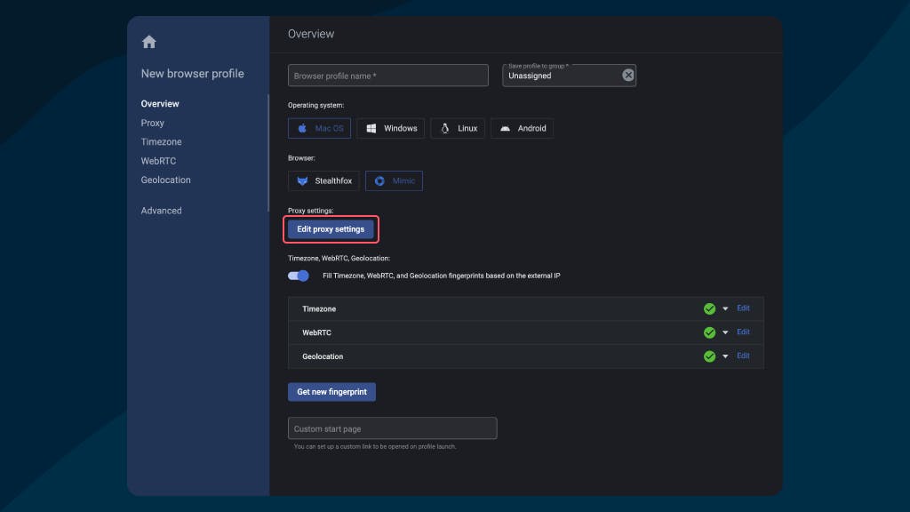 Edit proxy settings - Multilogin