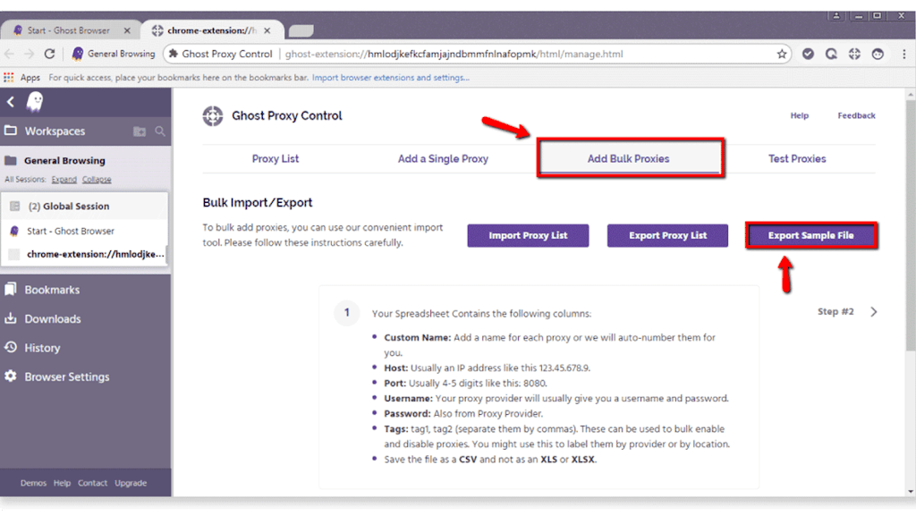 Export Sample file in GhostBrowser
