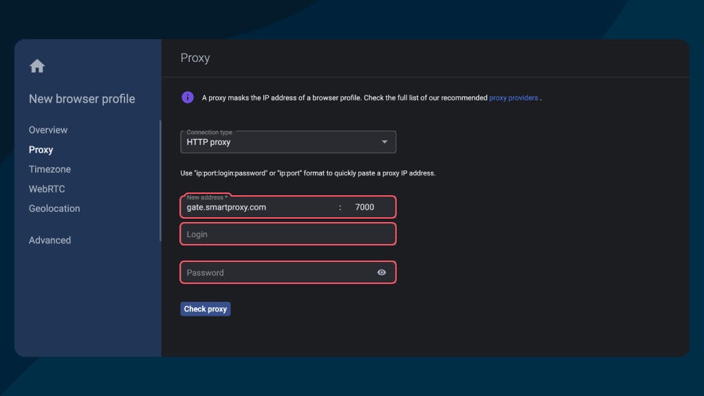 Proxy settings - Multilogin