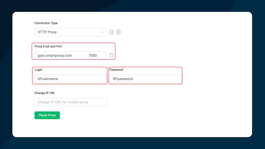 Proxy Host and Port, Login, and Password