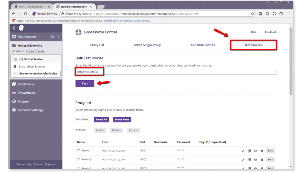 Test proxies in Ghost Browser