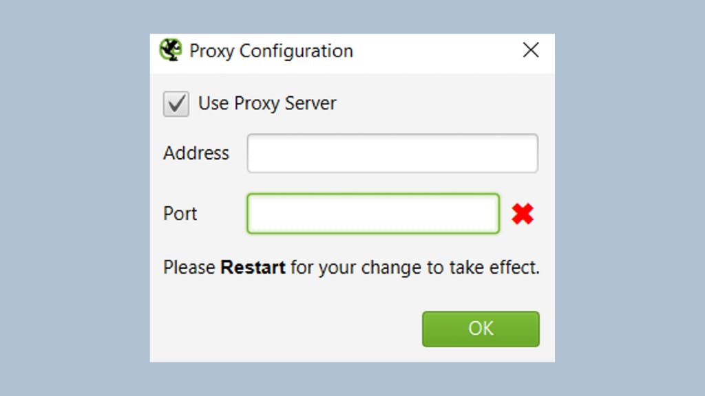 Fill in the proxy server address and port