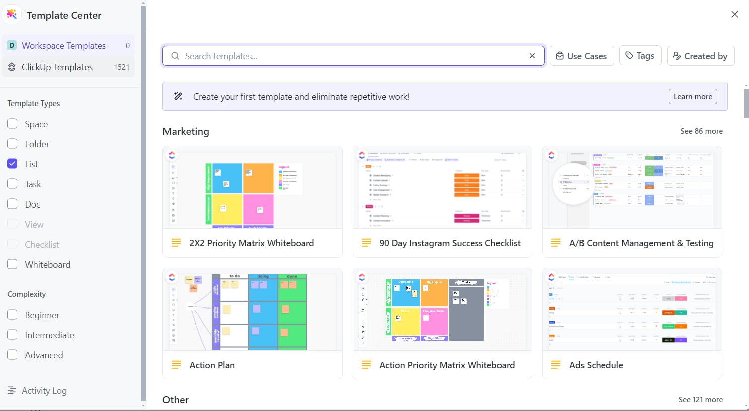 ClickUp's template library