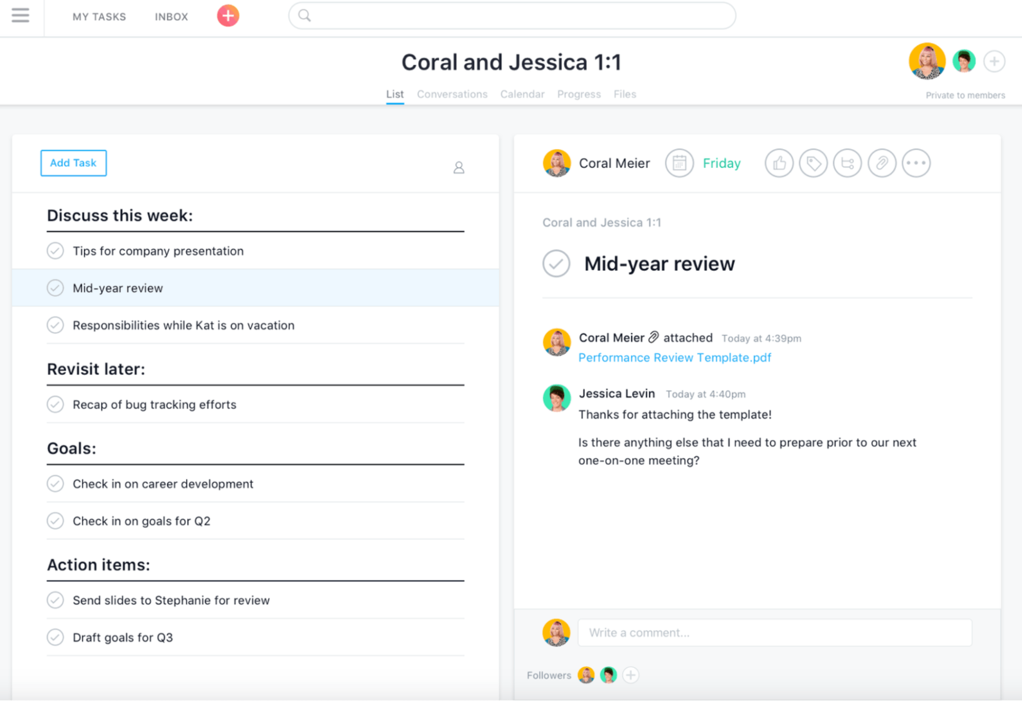 Task comments in Asana