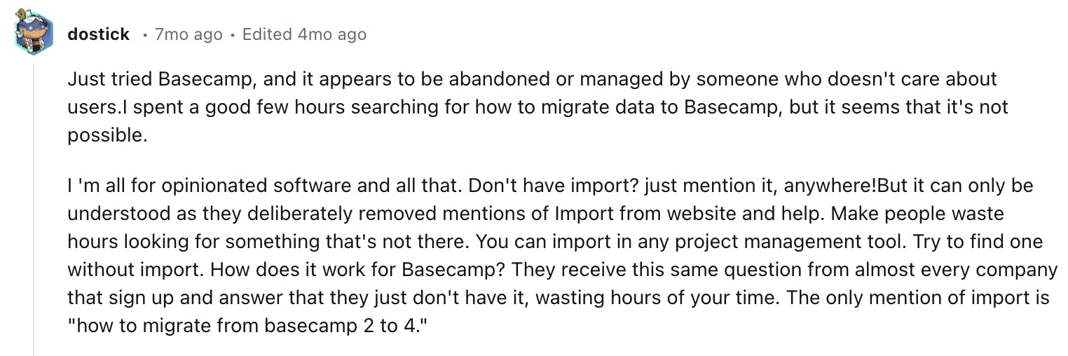 Reddit post on Basecamp's import and export issues