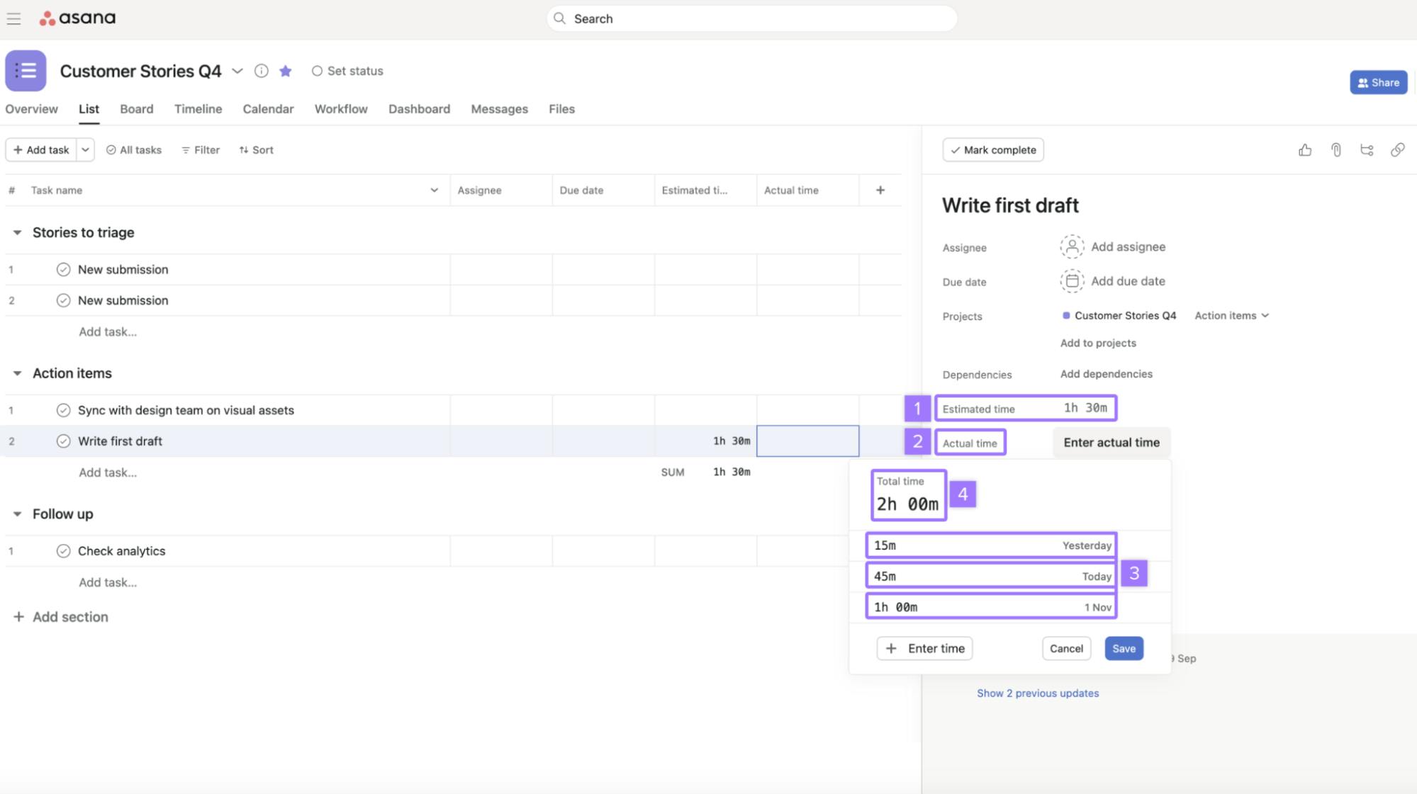 Asana's time tracking feature